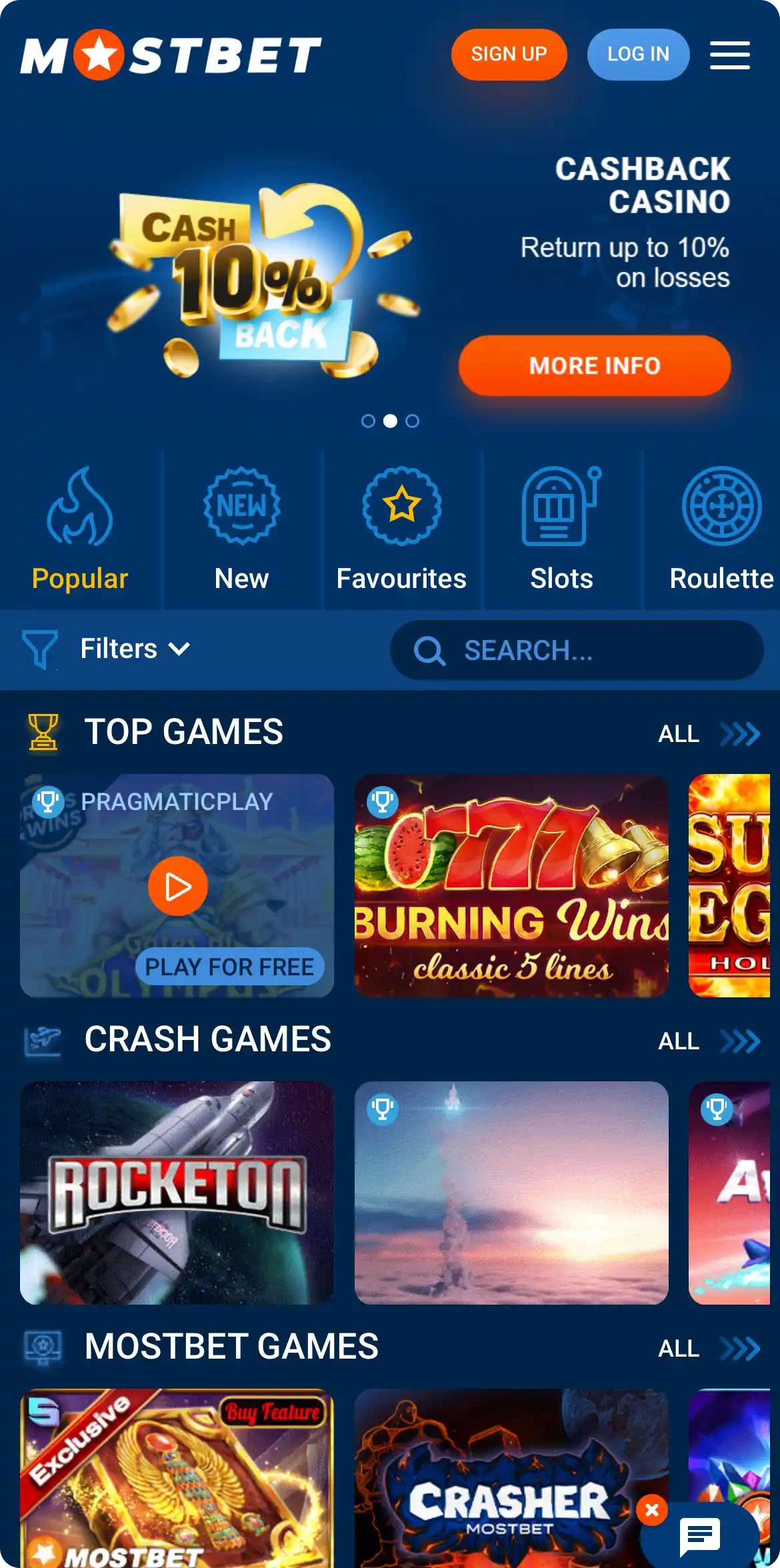 Casino in the Mostbet app